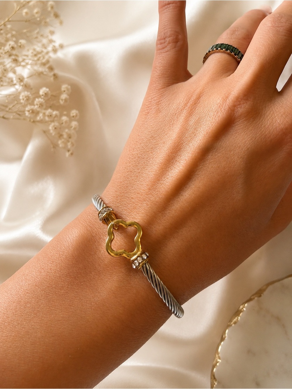 Stainless steel Two Tone Clover Cuff Bracelet- Women jewelry